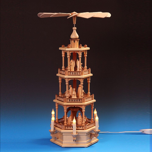 Pyramide Christi Geburt natur, 3-stöckig, elektrisch, indirekt beleuchtet - 73 cm 
